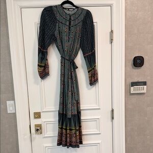 Boho midi Long Sleeve Dress - Green and Pink